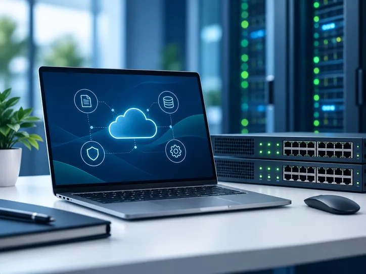 Laptop showing a cloud and data workflow beside rack-mounted network switches