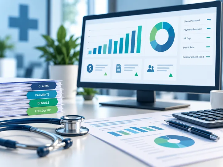 Monitor with billing dashboards beside folders labeled claims, payments, denials, and follow up