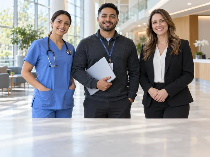 A nurse in scrubs, an IT professional holding a laptop, and an office professional standing together in a bright lobby